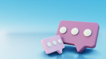 3D pink chat icons on a blue background