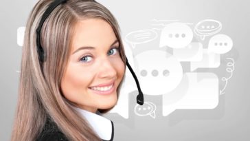 young woman with headphones with chat bubbles behind her