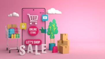 3d illustration of an online market with a smartphone with a pink background